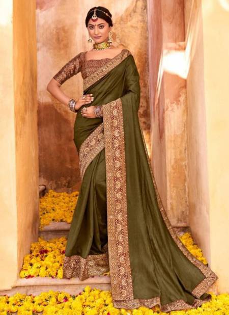 Olive Green Colour Latest Heavy Wedding Wear Silk Saree Collection 81644